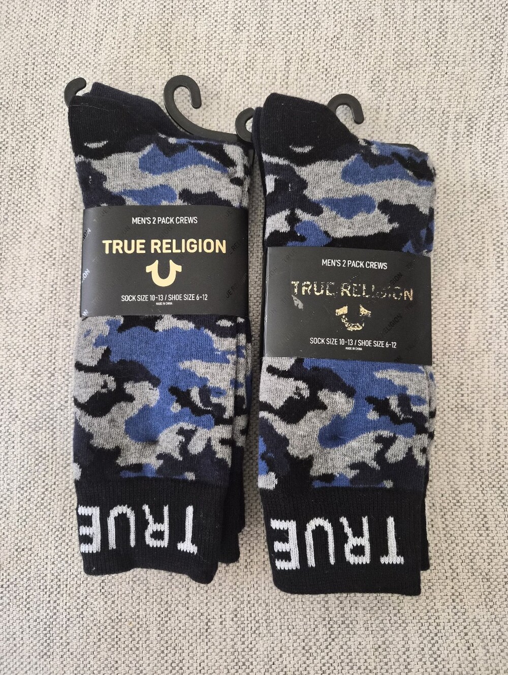 True Religion Men's Blue Camo Crew Socks - 2 Pack Bundle